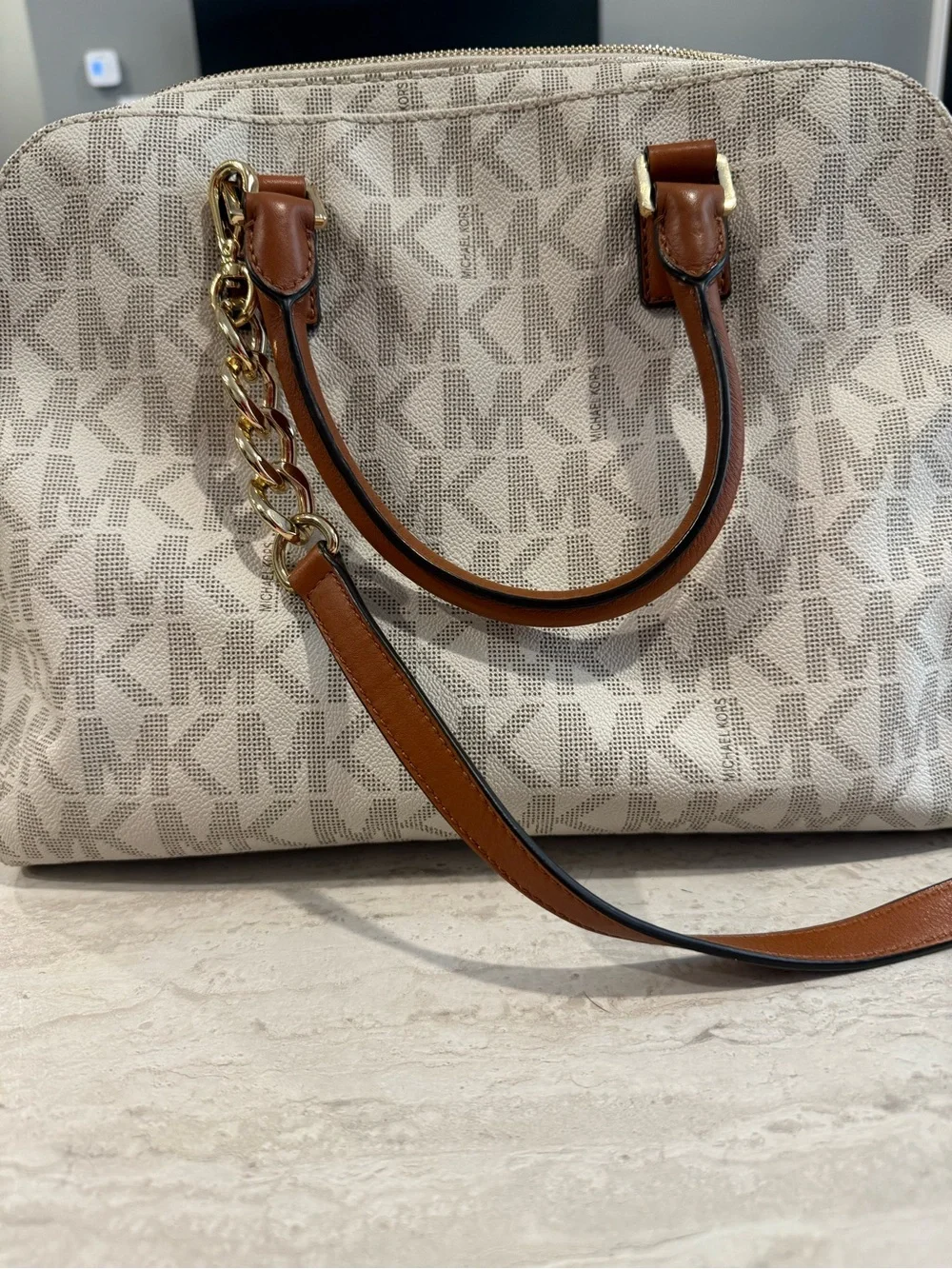 Michael Kors Vanilla Signature MK Satchel Shoulder Bag Acorn Brown 12”